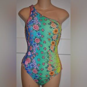 JOHNNY WAS One-Shoulder Ombre Floral One Piece Swimsuit S $198 NWT